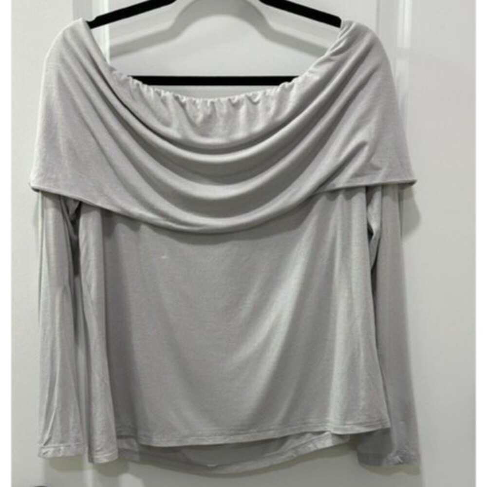 NWT Worthington Womens PXXL Petite Gray Off Shoulder Cowl Neck Top Long Sleeve